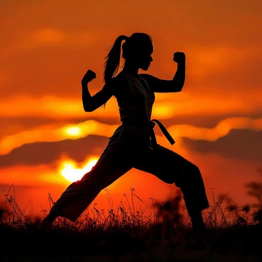 Martial artist practicing at sunset